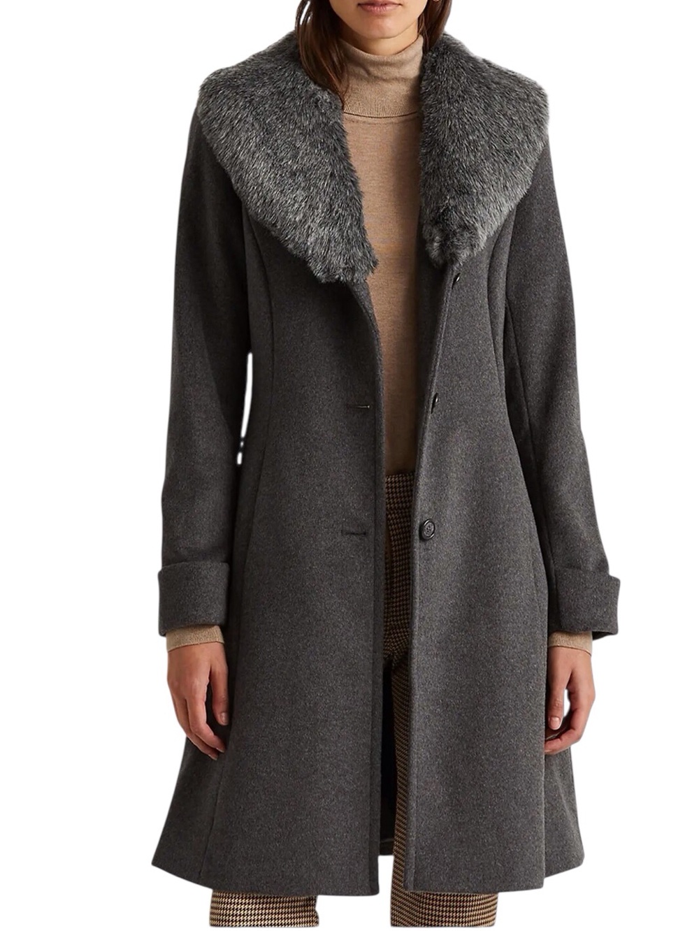 Lauren Ralph Lauren Grey Wool-Blend Coat with Faux Fur Shawl Collar
